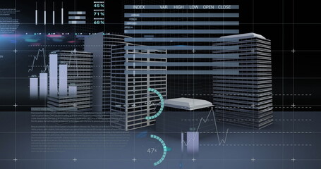 Image of financial data processing over cityscape