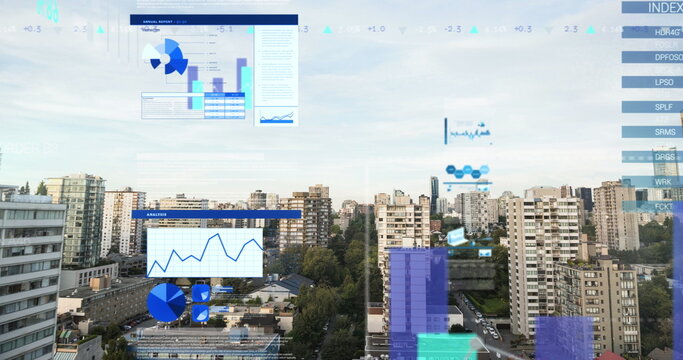 Image of financial data processing over cityscape