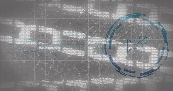 Image of envelope icon over data processing on black background