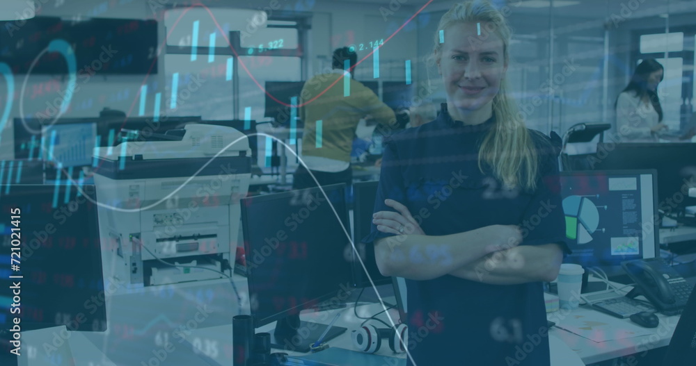 Poster image of digital interface showing statistics with diverse colleagues working together in an office