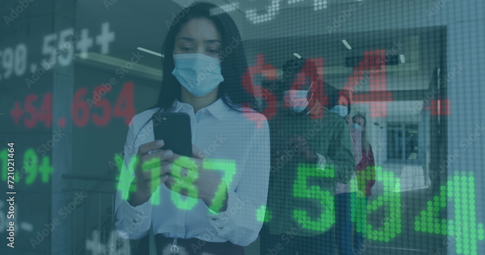 Poster image of digital interface showing statistics with colleagues in office wearing face masks