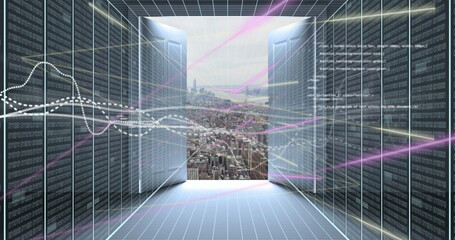 Image of financial data processing over cityscape