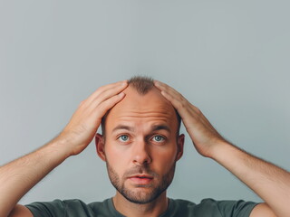 Balding man with alopecia looking at camera with hands on his head. Closeup of a guy checking hair loss on gray background. Hair loss and baldness concept.