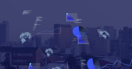 Image of digital data processing over cityscape