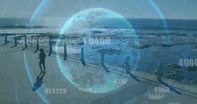 Image of globe with network of connections over woman walking, exercising by seaside