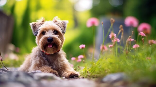 Cute little yorkshire terrier puppy sitting on the grass. Generative AI