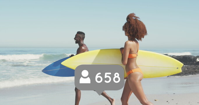 Image of speech bubble with people icon and numbers over couple running with surfboards on beach