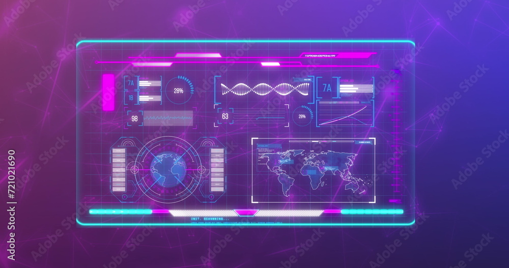 Poster image of data processing and network of connections on purple background