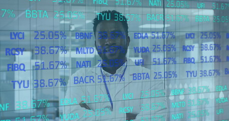 Image of digital interface showing statistics with doctor looking at camera and smiling