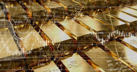 Image of financial data processing over gold bullions
