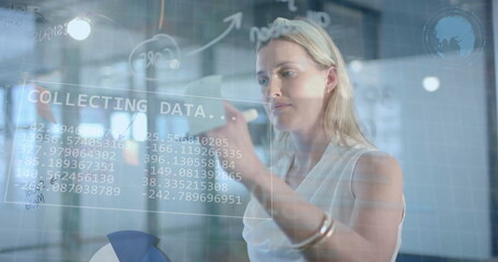 Image of data processing over caucasian businesswoman in office