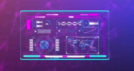 Image of data processing and network of connections on purple background