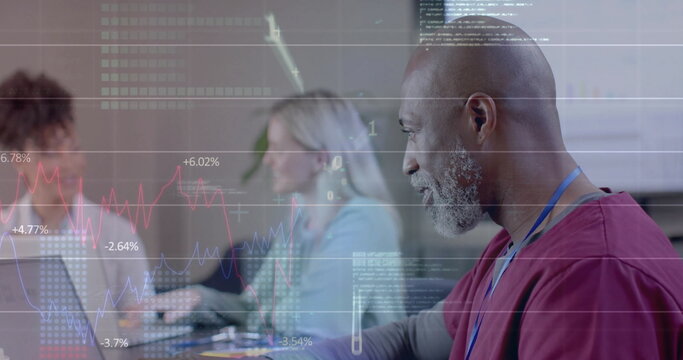 Image of data processing over diverse doctors in office