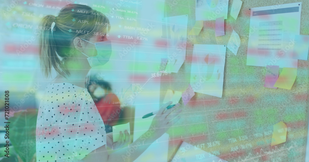 Poster image of digital interface showing statistics with colleagues in office wearing face masks