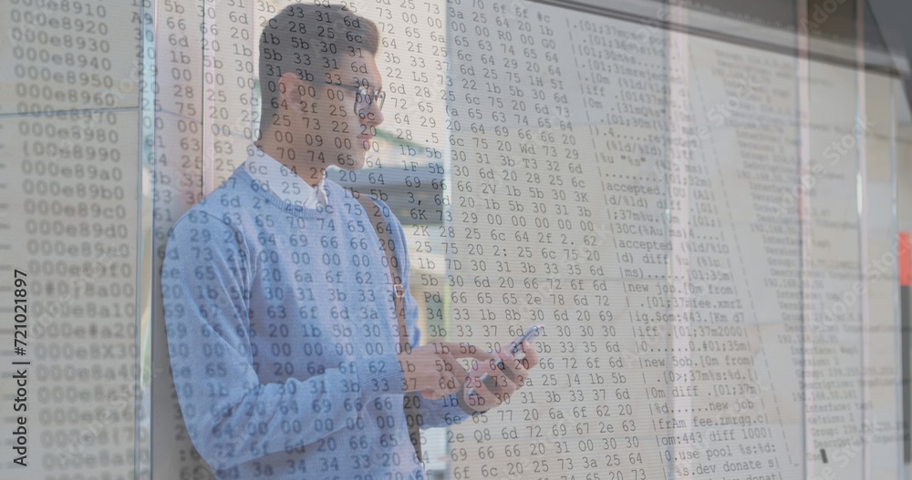 Aufkleber image of numbers changing and data processing on computer screens over man using smartphone