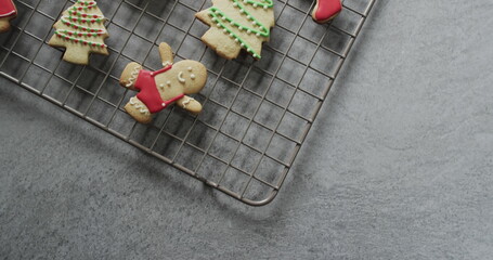 Homemade gingerbread cookies on a cooling rack, with copy space