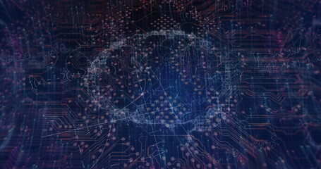 Image of data processing and network of connections over black background