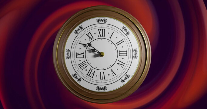 Image of clock ticking over red swirls background