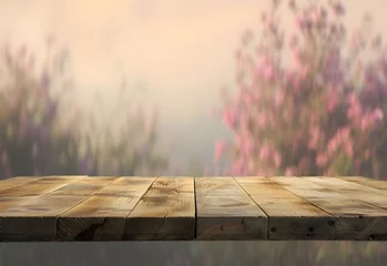  Empty wooden table with soft pale lila color in background with flowers © Karen Yomalli
