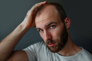Closeup of a balding guy checking hair loss. Bearded man with alopecia looking at camera. Concept of male alopecia, ageing, baldness, balding, hair transplant.