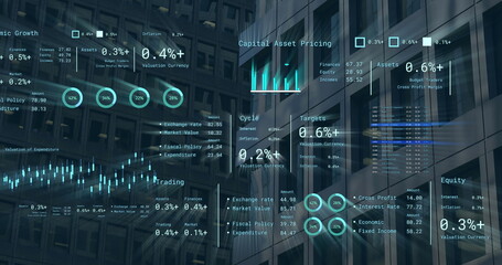 Image of financial data processing over cityscape