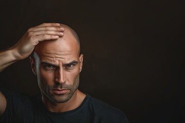 Close up of a brutal bald guy looking at camera on black background with copy space for text. Banner for male alopecia, male beauty, ageing, baldness, hair loss concept