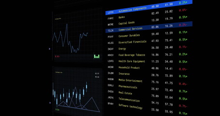 Image of financial data processing with screens over black background