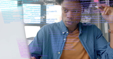 Image of data processing over african american businessman in office