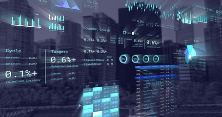 Image of financial data processing over cityscape
