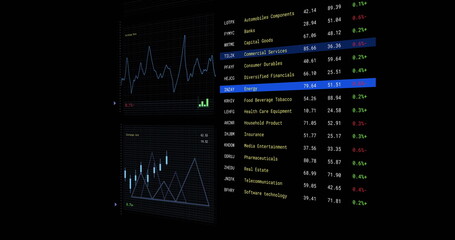 Image of financial data processing with screens over black background