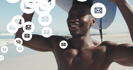Multiple message icons floating against african american man carrying surfboard at the beach