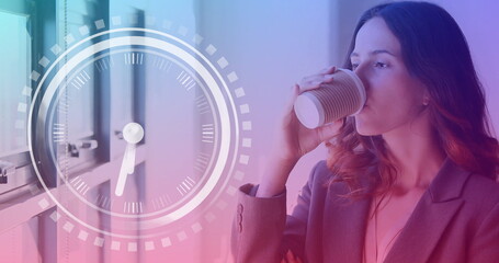 Image of clock over caucasian businesswoman in office