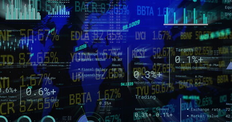 Image of financial data processing over world map