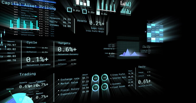 Image of financial data processing with numbers over black background