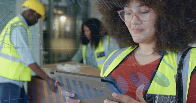 Image of financial data processing over diverse architects in office