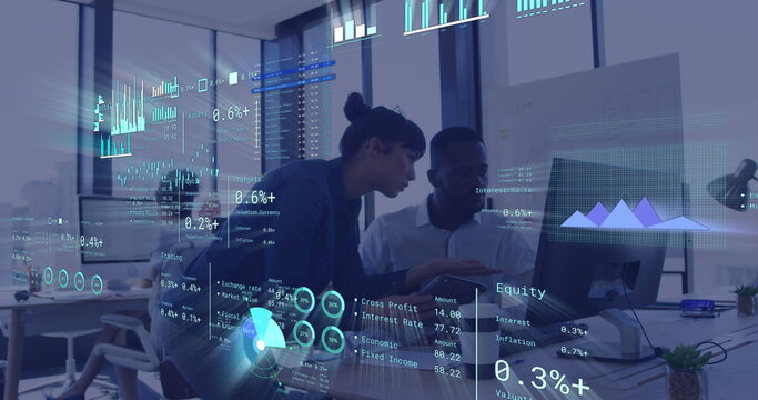 Image of financial data processing over diverse business people in office - Powered by Adobe