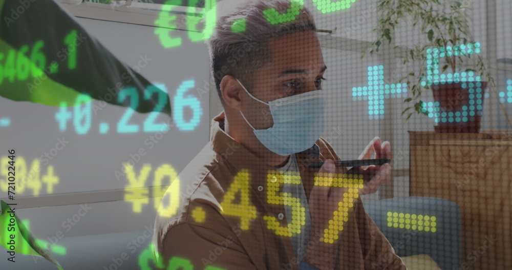 Aufkleber image of digital interface showing statistics with man talking on smartphone wearing face masks