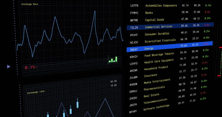 Image of financial data processing on screen over black background