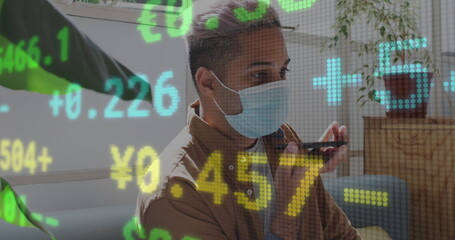 Image of digital interface showing statistics with man talking on smartphone wearing face masks
