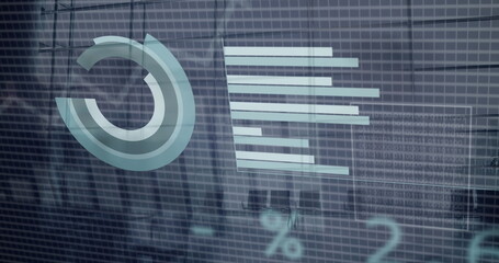 Image of financial data processing over people walking in office