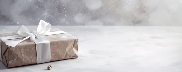 A gift box wrapped in brown paper with a white ribbon and a blank section on the right with a white background and snow particles. Christmas concept illustration 
