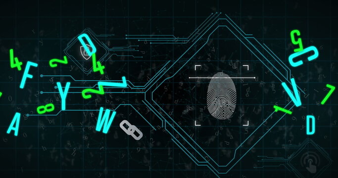 Image of biometric fingerprint, letters and numbers changing, scope scanning and data processing