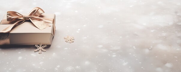 A gift box wrapped in brown paper with a golden brown ribbon, Christmas accessories and blank section on the right with a white background and snow particles. Christmas concept illustration 