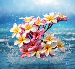 Frangipani flowers with water splash on blue sea background.