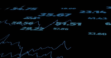 Image of financial data processing with numbers over black background