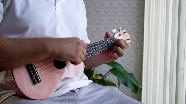 Man mid 30 and with bead is playing and whistling with his pink ukulele next to a big window and close to a green plant. Music is one form of art that can soothe the soul and make us feel better
