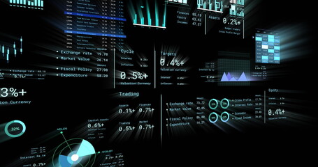 Image of financial data processing with numbers over black background