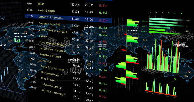 Image of financial data processing over screen and world map