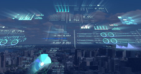 Image of financial data processing over cityscape
