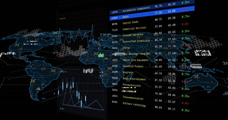 Image of financial data processing over screen and world map